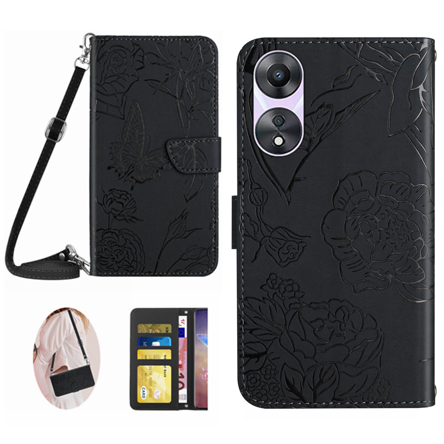 HT03 For Oppo A58 5G (China) A78 5G (Global Version) Butterfly Flowers Imprinted Leather Case Stand Wallet Cover with Shoulder Strap HT03 For Oppo A58 5G (China) A78 5G (Global Version) Butterfly Flowers Imprinted Leather Case Stand Wallet Cover with Shoulder Strap